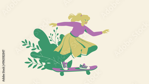 Young woman skateboarding with leaves and plants in modern flat design style, outdoor recreation