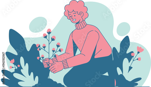 Person planting flowers and gardening in a park, enjoying nature and hobby, minimalist style