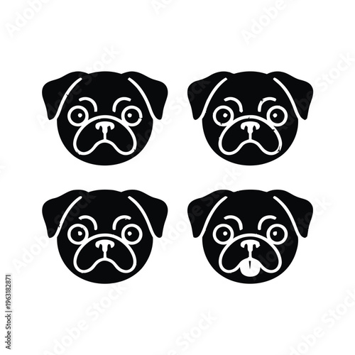Four adorable pug faces arranged neatly in a square formation on a plain background showing their unique expressions and wrinkles isolated on white background, Vector, illustration
