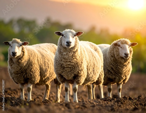 Wallpaper Mural Three fluffy farm animals stand side by side, bathed in golden sunlight. The scene depicts a pastoral setting with a blurred background Torontodigital.ca