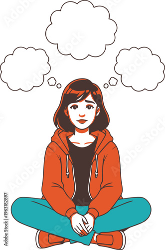 Young woman sitting cross-legged with multiple thought bubbles above her head, expressing worry and indecision, contemplating choices