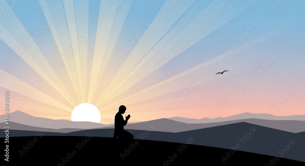 Fototapeta premium Person meditates in prayer on hill at serene sunset with sun rays and mountains
