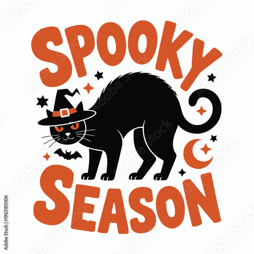 Spooky black cat donning a witch hat amidst stars and bats celebrating the halloween season with vibrant orange text isolated on white background, Vector, illustration
