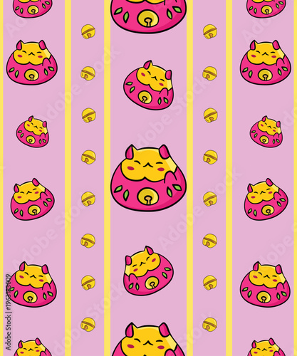 Maneki neko, a seamless patterned Japanese beckoning cat that brings good luck, with a yellow bell.