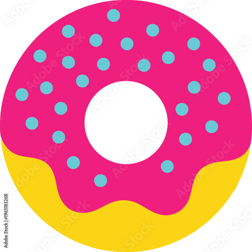 Donut illustration with pink icing and blue sprinkles symbol of sweet food and dessert and unhealthy eating