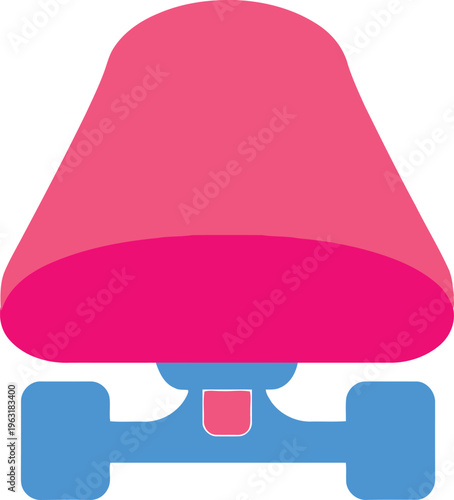 Side view of pink skateboard deck on blue trucks and wheels, minimalist design, urban transport, recreational equipment, street style