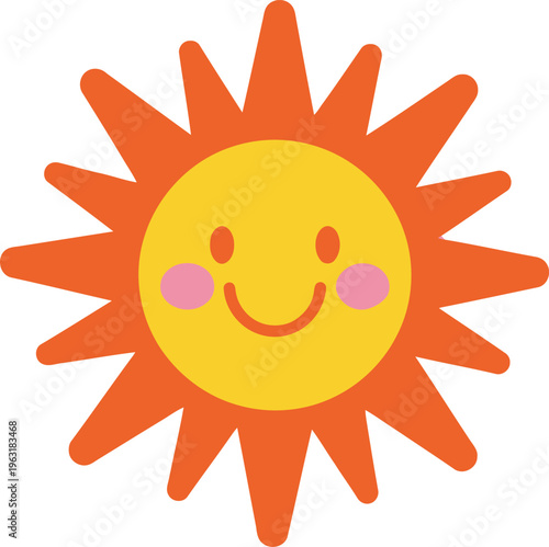 Happy cartoon sun with bright rays and rosy cheeks smiles cheerfully in sky, summer weather