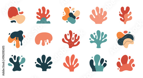 Colorful coral reef icons in various shapes and sizes for marine designs