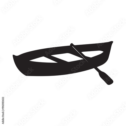 Simple black silhouette of a rowboat with one oar on white

