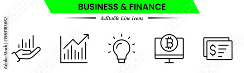 Business and finance icons depicting banking, investment, money, transactions, growth, budgeting, accounting, strategy, analytics, reports, markets, profit, management, and financial planning.