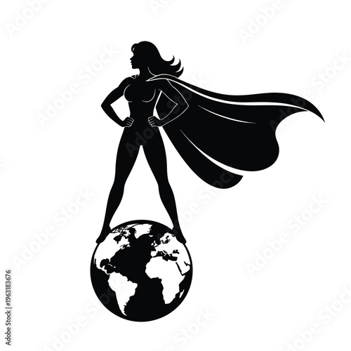 Empowered figure standing confidently atop globe with cape flowing dramatically behind her symbolizing strength and global influence isolated on white background, Vector, illustration