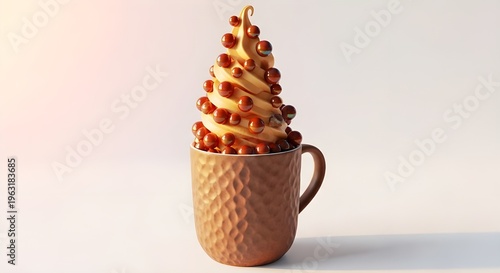 Whimsical Soft Serve Ice Cream Cone Adorned with Caramel Pearls in a Textured Mug