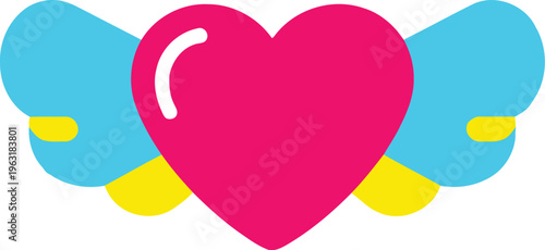 Pink heart with light blue wings and yellow accents symbolizing love romance and flying affection