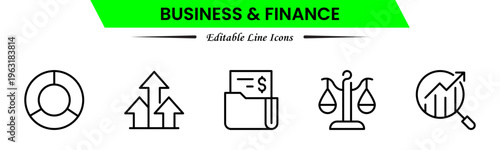 Business and finance icons depicting banking, investment, money, transactions, growth, budgeting, accounting, strategy, analytics, reports, markets, profit, management, and financial planning.