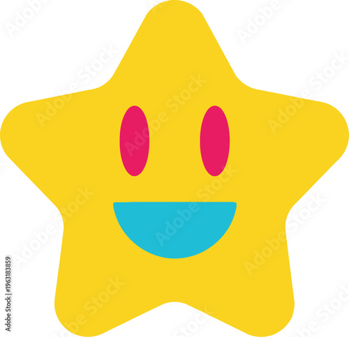 Happy yellow star character with big smile and bright pink eyes, cheerful cartoon face, friendly illustration on transparent background