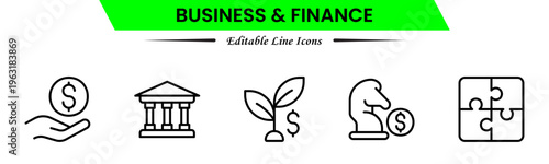 Business and finance icons depicting banking, investment, money, transactions, growth, budgeting, accounting, strategy, analytics, reports, markets, profit, management, and financial planning.