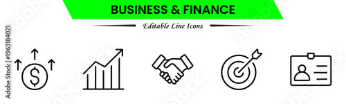 Business and finance icons depicting banking, investment, money, transactions, growth, budgeting, accounting, strategy, analytics, reports, markets, profit, management, and financial planning.
