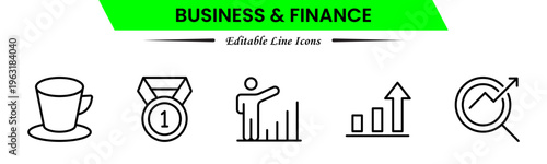 Business and finance icons depicting banking, investment, money, transactions, growth, budgeting, accounting, strategy, analytics, reports, markets, profit, management, and financial planning.