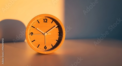 Warm glow of sunrise illuminates a vibrant orange analog alarm clock, casting a peaceful shadow on a modern desk, signaling the start of a new day