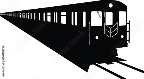 Black silhouette of commuter train on tracks vanishing into distance isolated on transparent checkered background