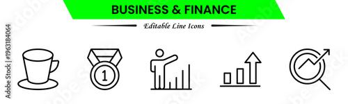 Business and finance icons depicting banking, investment, money, transactions, growth, budgeting, accounting, strategy, analytics, reports, markets, profit, management, and financial planning.