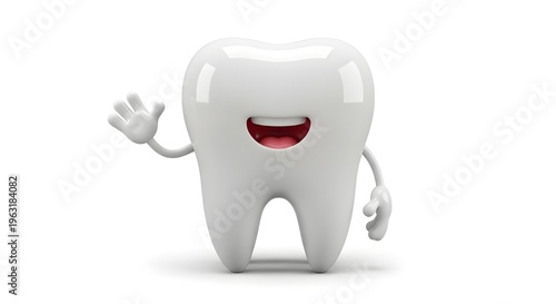 Friendly and happy tooth mascot character smiling and waving, symbolizing good oral hygiene and dental care for a healthy lifestyle