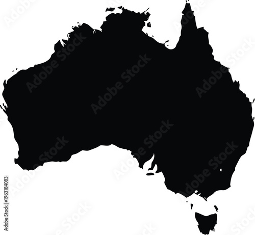 Australia map silhouette vector illustration with black continent outline design isolated on transparent background shape