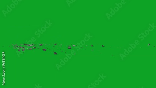 Explosion of realistic stone debris with falling rock fragments on green screen