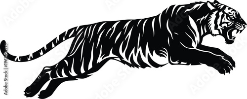 Black silhouette of a powerful tiger running with its mouth open and teeth bared, dynamic wildlife action pose