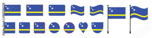 Curaçao Flag Icon Set Various Shapes and Waving Effects Vector Illustration.