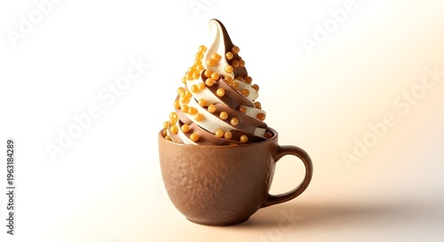 Deliciously Creamy Soft Serve Ice Cream Swirls with Crunchy Toppings in a Coffee Mug