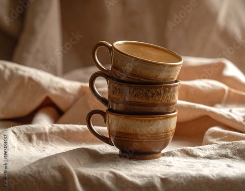 Wallpaper Mural Three stacked ceramic mugs on a beige linen surface, showcasing a warm color palette with textured details. Shadows add depth Torontodigital.ca