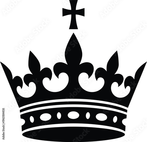 Black silhouette of royal crown with cross on top, symbol of power, monarchy, royalty, heraldry, imperial emblem, regal symbol, sovereignty, ornate headwear
