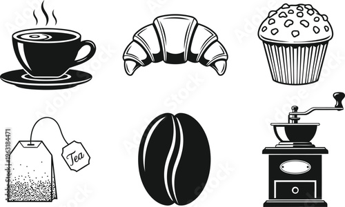 Collection of black icons for breakfast food and drink, coffee cup, croissant, muffin, tea bag, coffee bean, grinder, cafe, morning meal, flat vector set