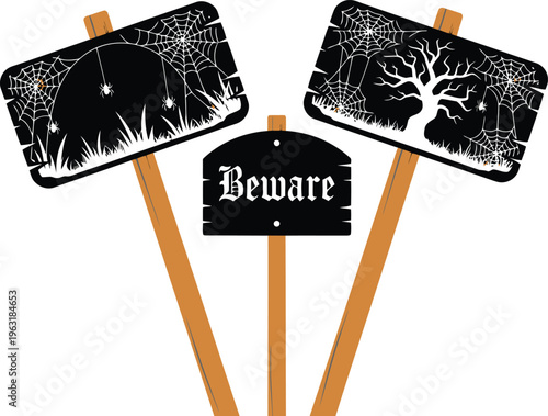 Beware halloween signs with spiderwebs skulls and spooky tree against checkered background