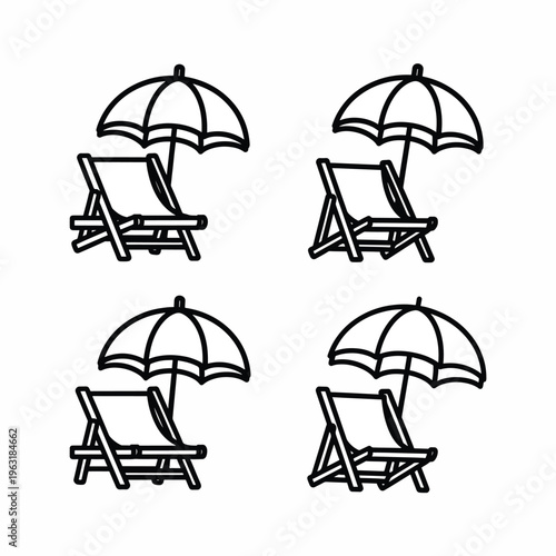 Four beach chairs with umbrellas in different positions on a plain surface for relaxation