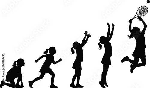 Sequence of girl playing tennis jumping and hitting ball in silhouette series motion