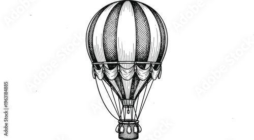 Vintage hot air balloon illustration with detailed sketch lines, antique travel in sky, basket for passengers, decorative elements.