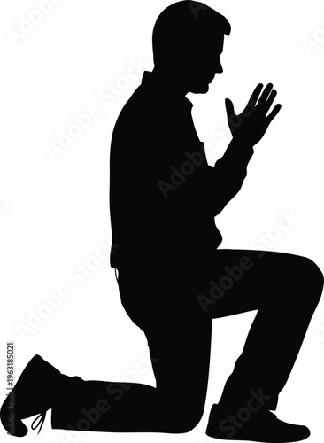 Silhouette man kneeling in prayer, hands clasped, symbolizing devotion and faith