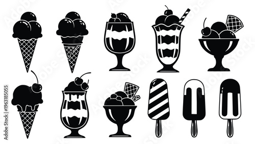 Black and white illustrations of various ice cream treats and desserts in different serving styles and containers