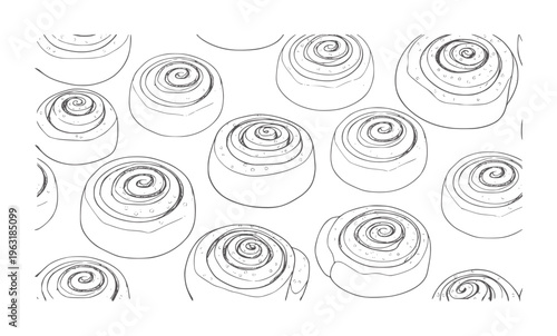Hand drawn cinnamon rolls with swirled frosting and sugar sprinkles pastry