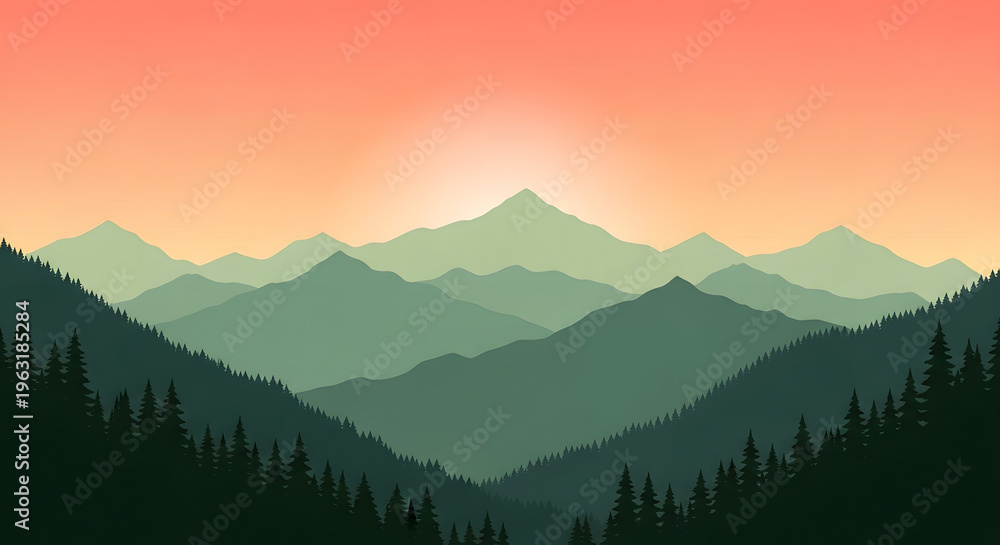 Obraz premium Serene mountain landscape at sunset with majestic peaks and silhouetted trees