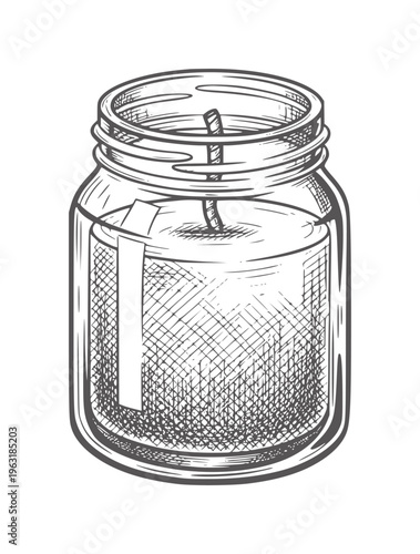 Hand drawn of a glass jar candle with wick and label