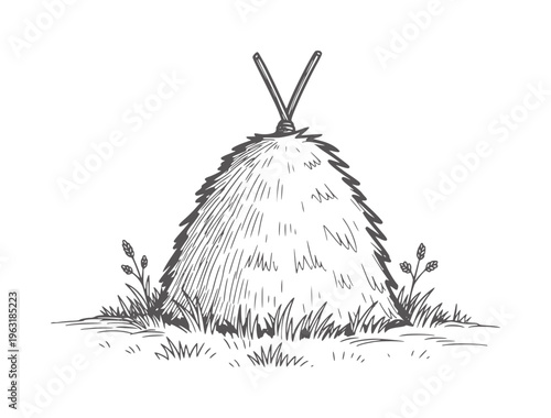 Hand drawn of a hay bale with two sticks white rural farm agriculture