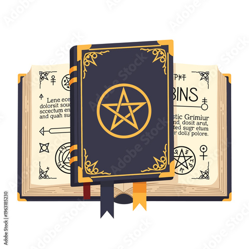 Black book with yellow pentagram on cover resting on open book with symbols