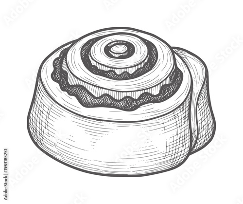 Hand drawn of a single cinnamon roll with frosting pastry baked sweet