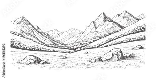 Hand drawn of a vast mountain valley with rolling hills and rocks grass