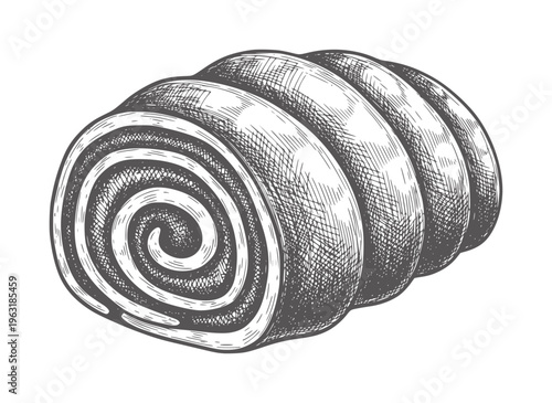 Hand drawn pastry swirl roll with dark filling and white spiral food