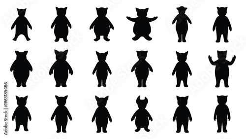 Various black cartoon bear silhouettes in different poses and expressions on white background