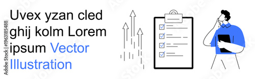 Business strategy, productivity, task management, goal achievement, decision making, career development. Illustrated person holding a clipboard beside arrows and a checklist. Business strategy
